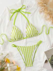 SHEIN Swim Women Contrast Striped Bikini Set For Beach Vacation And Pool,Summer Beach - Green - View 1