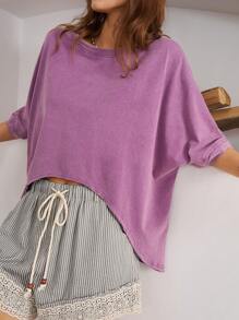Bohemela Vacation Loose Drop Shoulder Asymmetrical Hem Women T-Shirt - Purple - View 5