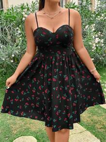 SHEIN MOD 大尺碼櫻桃印花腰間束縛休閒假日裙 - 黑色 - 查看 4