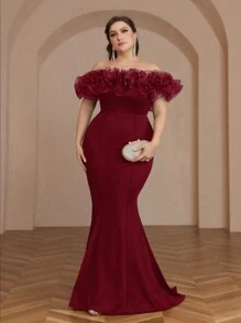 SHEIN Belle 加大码优雅露肩荷叶边及地长鱼尾礼服、婚礼宾客礼服、派对礼服、晚礼服 - 酒紅色 - 查看 6