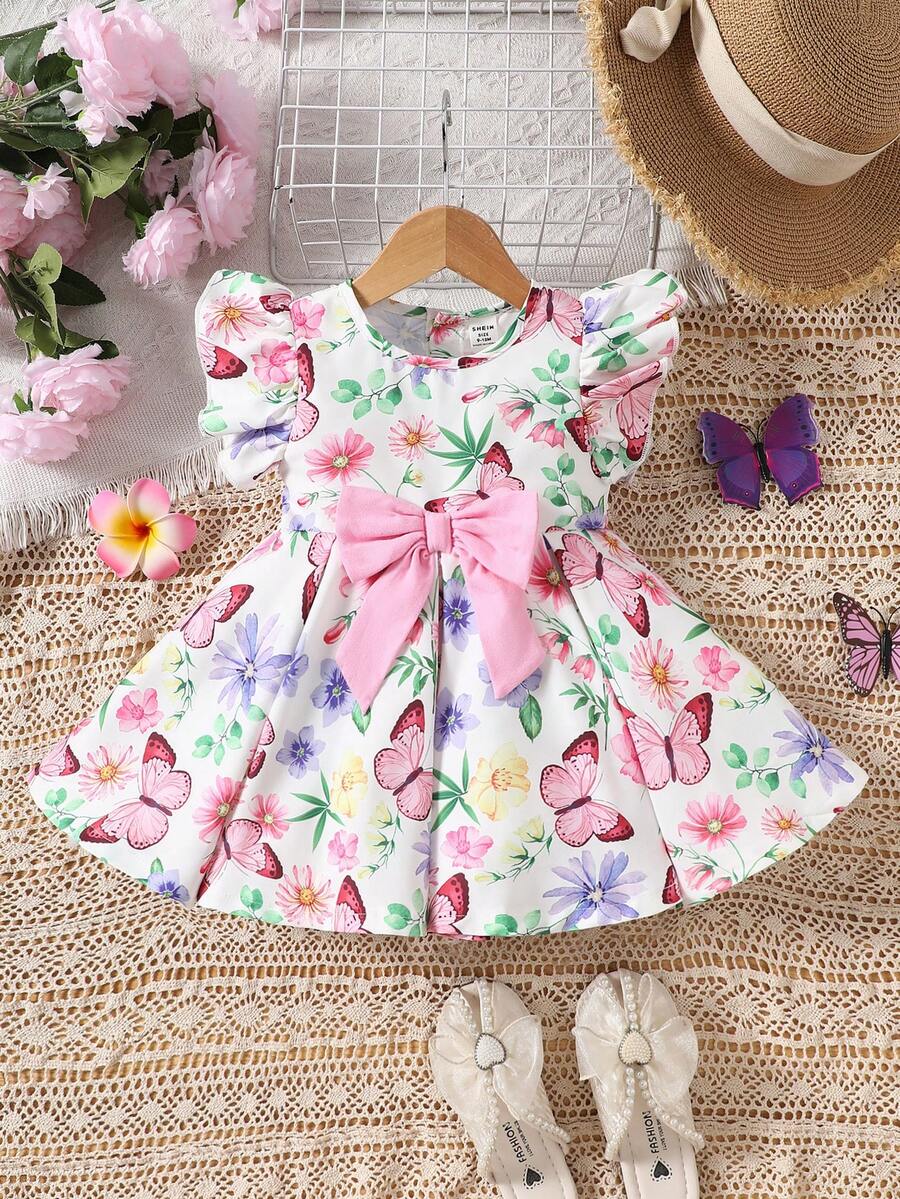 Đầm bé gái in hình bướm thường ngày, thanh lịch và đáng yêu với chút lãng mạn, mùa xuân/hè - Nhiều màu - Xem 1