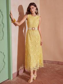 PREMIUM SOLID GUIPURE LACE DRESS WITHOUT BELT - Green - View 6