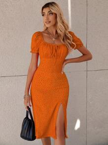 SHEIN Clasi 女性時尚短袖側面開叉中長裙 - 橘色 - 查看 5