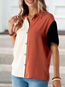 EMERY ROSE Chemise décontractée d'été ample pour femmes avec blocs de couleurs et design d'épaules tombantes - Multicolore - Voir 4