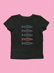 INAWLY Y2K Style Fish Print Women Summer Casual Short Sleeve T-Shirt With Round Neck