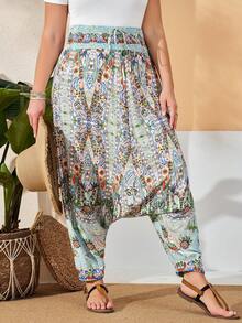 EMERY ROSE Plus Size Dames Vintage Stijl Gedrukte Broek - Baby blauw - Bekijken 5