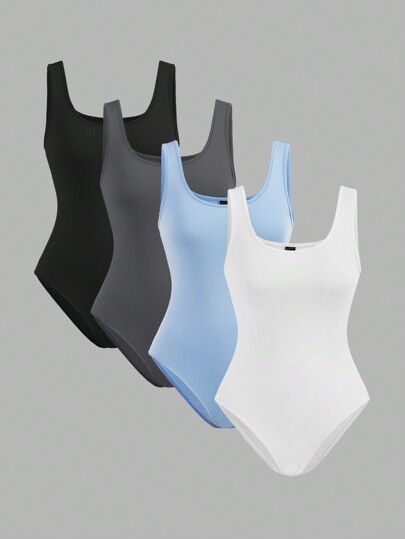 SHEIN EZwear 4pcs/Set Sleeveless Casual Bodysuit, Fitted For Women, Suitable For Summer