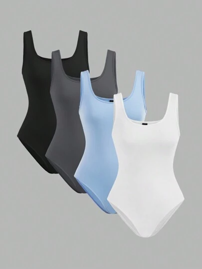 SHEIN EZwear 4pcs/Set Sleeveless Casual Bodysuit, Fitted For Women, Suitable For Summer