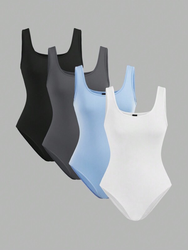 SHEIN EZwear Set de 4 bodys sin mangas casuales, ajustados para mujer, aptos para el verano