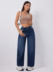SHEIN PETITE 鬆身直筒口牛仔褲，休閒水洗牛仔褲 - 深色水洗藍 - 查看 4