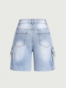 SHEIN Rozciągliwe, postrzępione spodenki jeansowe dla nastolatków z kieszenią na akordeon