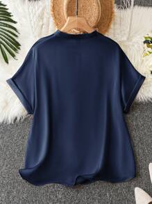 SHEIN Clasi Plus Size Solid Color V-Cut Short Sleeve Summer Shirt - Navy Blue - View 2