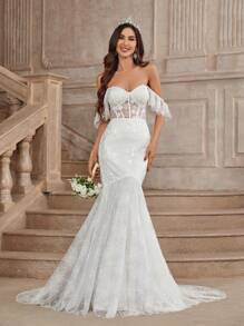 SHEIN Belle Elegant, Gorgeous And Sexy Off-Shoulder Off-Shoulder Ruffled Sleeves, Patchwork Stretch Lace Details, Paired With A Classic French Sheer Lace Top, With Herringbone Breast Cups And Matching Fishnet Tulle Lace Mermaid Dress, Suitable For Weddings, Festivals, Proms, Bachelorette Parties, Extra-Long Tail Wedding Dresses White Bridal Dress
