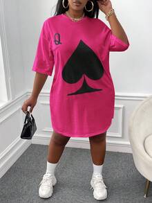 SHEIN CURVE+ 大尺碼圓領落肩連身裙 - 玫紅色 - 查看 4