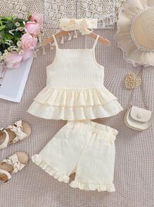 SHEIN Vintaside Kids 女童夏季甜美純色荷葉邊背心和短褲套裝，附頭帶 - 杏色 - 查看 2