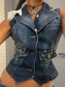 SHEIN ICON Western Cowgirl Sleeveless Denim Vest With Suit Collar, For Summer Vocation