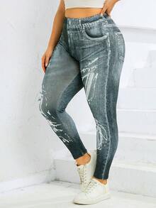 女士休闲牛仔效果印花紧身裤 - 深灰色 - 查看 5