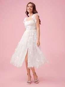 Enchnt Women Cute Princess Graduation Party Cocktail Prom Solid Color Butterfly Embroidery Mesh Split Hem Spaghetti Strap White Bow Dress, Summer Spring - White - View 10