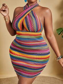 Slaydiva Plus Size Nữ Gợi Cảm In Hình Học Dệt Kim Jacquard Halter Cổ Bodycon Đầm Cho Kỳ Nghỉ - Nhiều màu - Xem 6