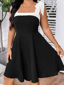 Celure Đầm nơ đeo vai cổ điển màu đen và trắng thời trang mùa hè cỡ lớn cho nữ - Đen và trắng - Xem 3