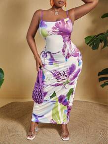 Slaydiva Plus Size Slim Fit Floral Printed Spaghetti Strap Dress For Vacation - Purple - View 6