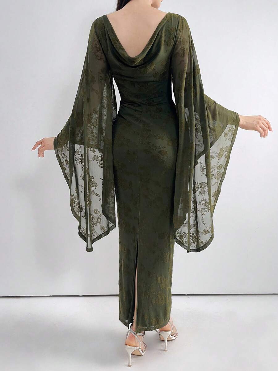 Modelyn 女士优雅花朵植绒网纱喇叭袖修身长裙春季长款晚礼服 - 橄欖綠 - 查看 1