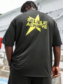 Gym Rark Men Plus Size Summer Casual Star & Letter Print Short Sleeve Top - Black - View 7