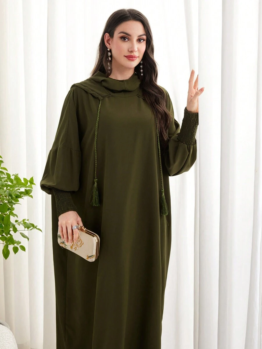 Al Najma 女士拼接流蘇下肩長袖寬鬆連帽阿拉伯長袍 - 軍綠色 - 查看 1