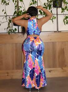 Slaydiva Dress Ukuran Plus Backless Memotong Tropis Plants All Over Print Boho - MultiWarna - View 1