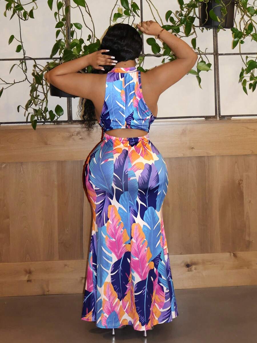 Slaydiva Dress Ukuran Plus Backless Memotong Tropis Plants All Over Print Boho - MultiWarna - View 1