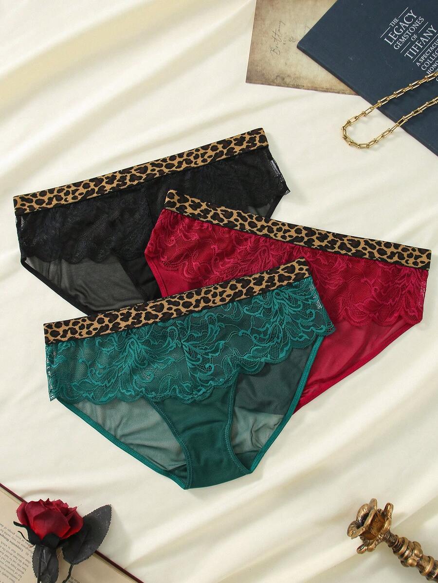 Wedaily Women Fashion Leopard Print Lace Splicing Triangle Panty ,3 Pcs - Multicolor - View 1