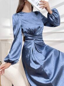 Modelyn Women's Puff Sleeve Twist Front Satin Mini Dress Long Evening Dresses