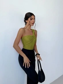 Aloruh Wedding Season Party Elegant Vacation Jacquard Slimming One Shoulder Bodysuit With Twisted Front