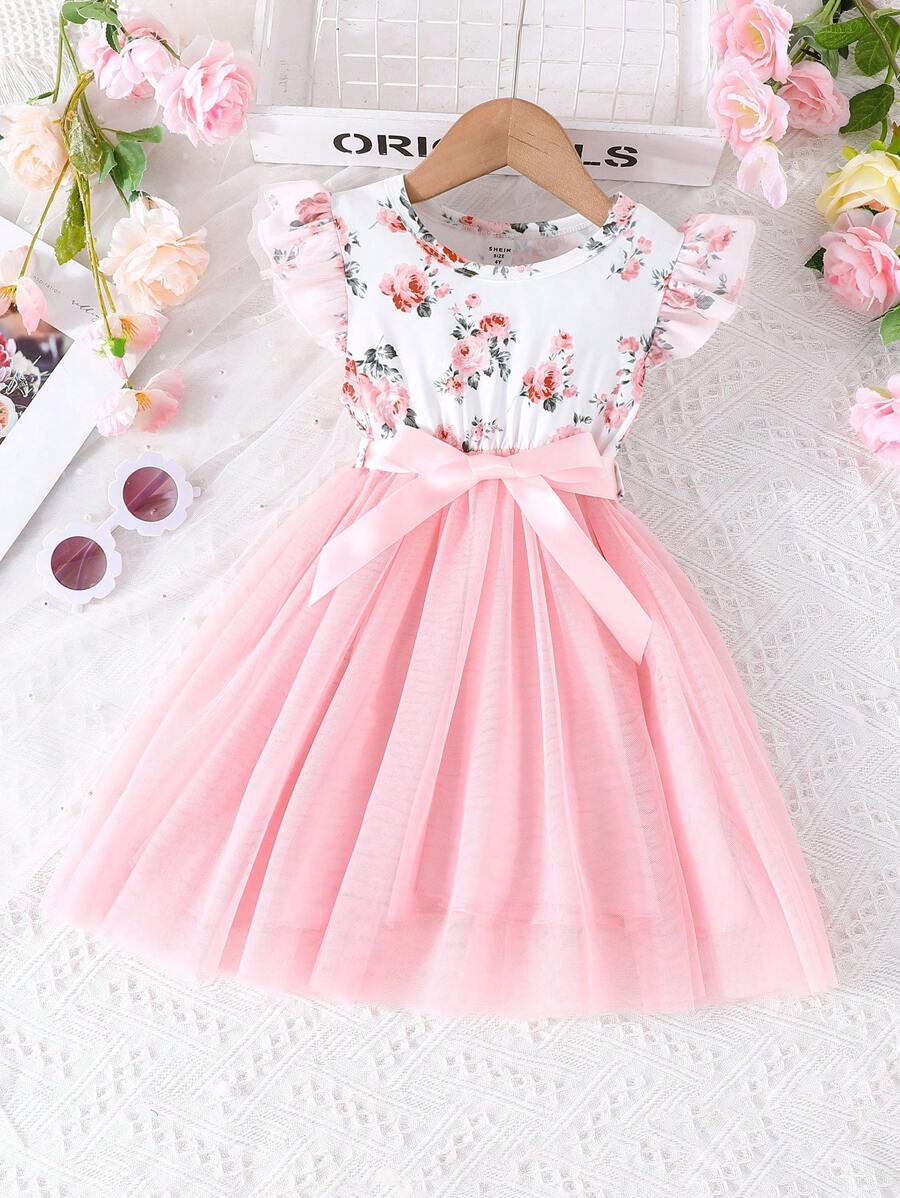 SHEIN Glamorique Kids 女小童印花荷葉邊網紗覆蓋繫腰帶洋裝 - 粉色 - 查看 1