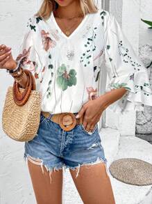 Breezaya 女士假日花卉印花蕾絲拼接寬鬆衫，V領設計和擴口袖設計 - 綠色 - 查看 5