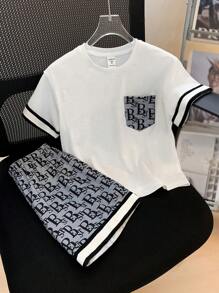 SHEIN Young Boy Casual Printed Pocket Round Neckline Short Sleeve T-Shirt And Printed Shorts Knitted Two-Piece Set With Woven Belt