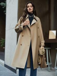 女士双排扣翻领长袖风衣