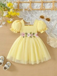 SHEIN Glamorique Kids Baby Girl Summer Square Neck Short Puff Sleeve Mesh Princess Dress, Vacation Dress - Yellow - View 2