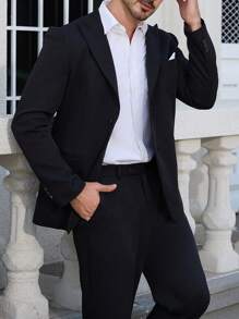 Manfinity Mode 男士西裝領商務套裝，搭配西裝外套和純色西裝褲組合 - 黑色 - 查看 5