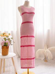 Soleia Color Block Striped Hollow Out Knitted Sleeveless Sweater Dress For Vacation