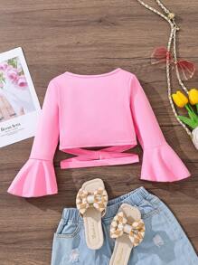 Camiseta com Decote V Cruzado Elegante com Mangas Sino para Jovens, Primavera/Verão