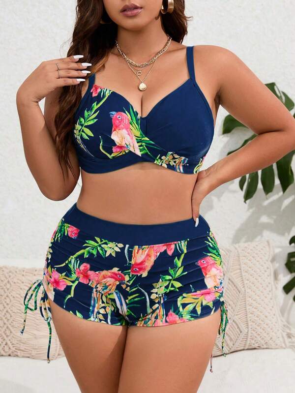 Swim Lushoire Summer Beach Plus Size Colorful Floral & Bird Printed Bra & Swim Shorts Bikini Set