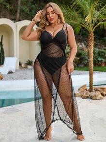 SHEIN Swim Curve Plus Size Solid Color Asymmetric Neckline See-Through Dress & Kimono Cover Up Set, Perfect For Beach Vacation And Pool Party Summer - Black - View 4