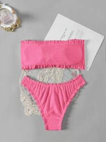 SHEIN Swim 夏季海滩女士纯色纹理比基尼套装 - 玫紅色 - 查看 2