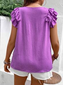 Franclia 夏季大码女式纯色V领荷叶袖宽松衬衫 - 紫色 - 查看 2