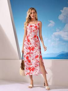 Aveloria Rosie Fishbone Seams White Edging Decorated Multi-Colored Floral Printed Waist Cinched And Hip Slit Midi Dress For Women