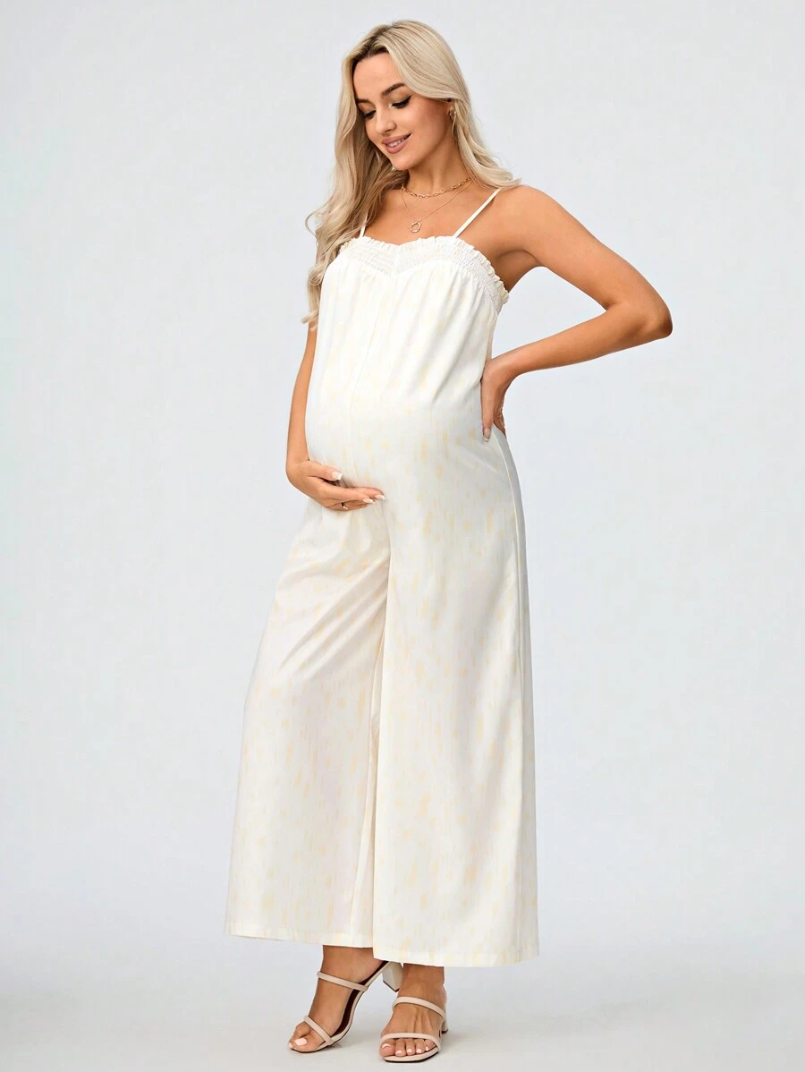 SHEIN Maternity Romantic Garden Young And Elegant Printed Ruffle Strap Wide-Leg Jumpsuit - Green - View 1