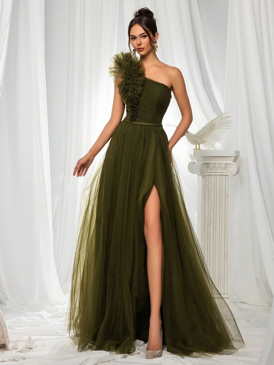 VIPGIRL Emcee Dress In Army Green, Heavily Decor With Beads, Ethereal Banquet Dress, Asymmetrical Neck, Runway Model, Mesh Dress Party Dress Wedding Guest Dress Formal Dress Evening Dress, Gown, Elegant Spring