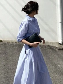 DAZY 女士条纹衬衫裙、秋季连衣裙、长袖连衣裙