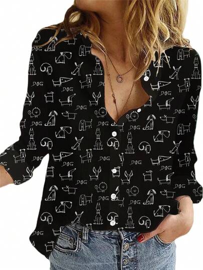 Plus Size Women's Letter & Cartoon Animal Print Loose Casual Long Sleeve Shirt
